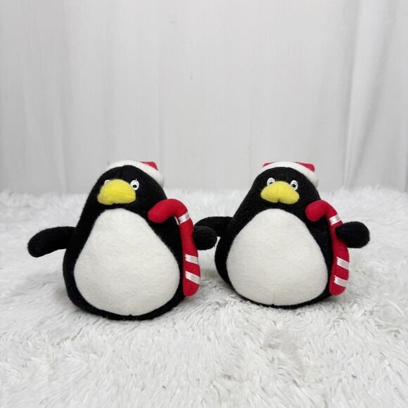 Christmas Penguin Candy Cane Studded Plush Decor Set Of 2 5” Tall - Picture 1 of 5
